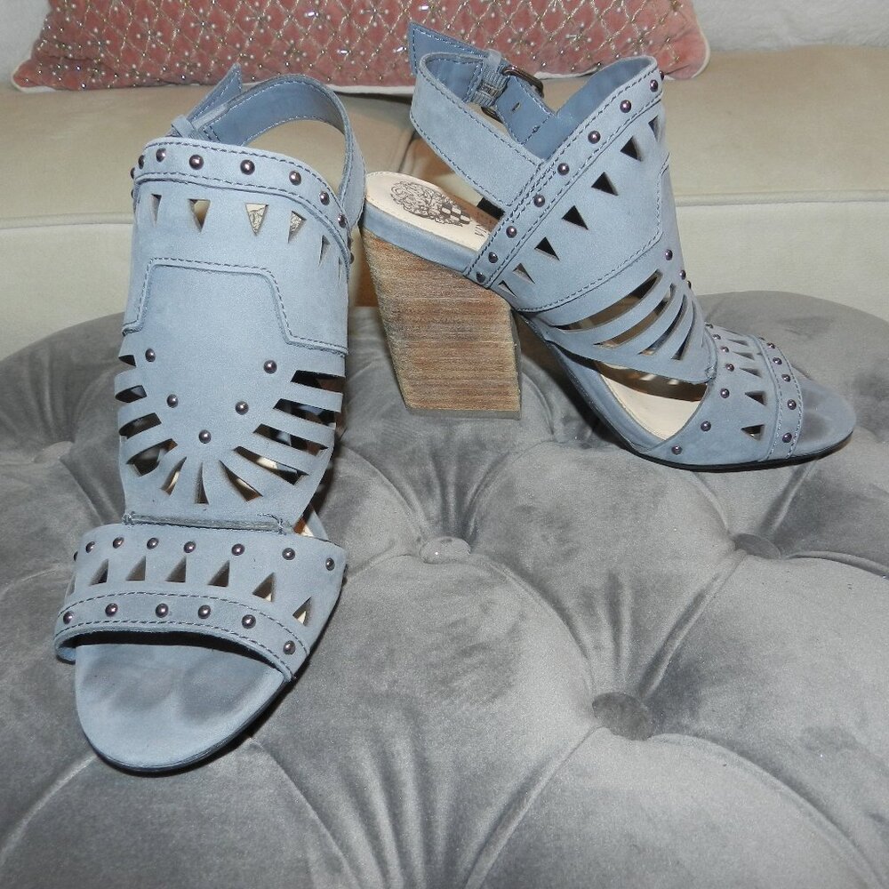 Vince Camuto Reston Gray Leather Shootie Block Heel Sandals
